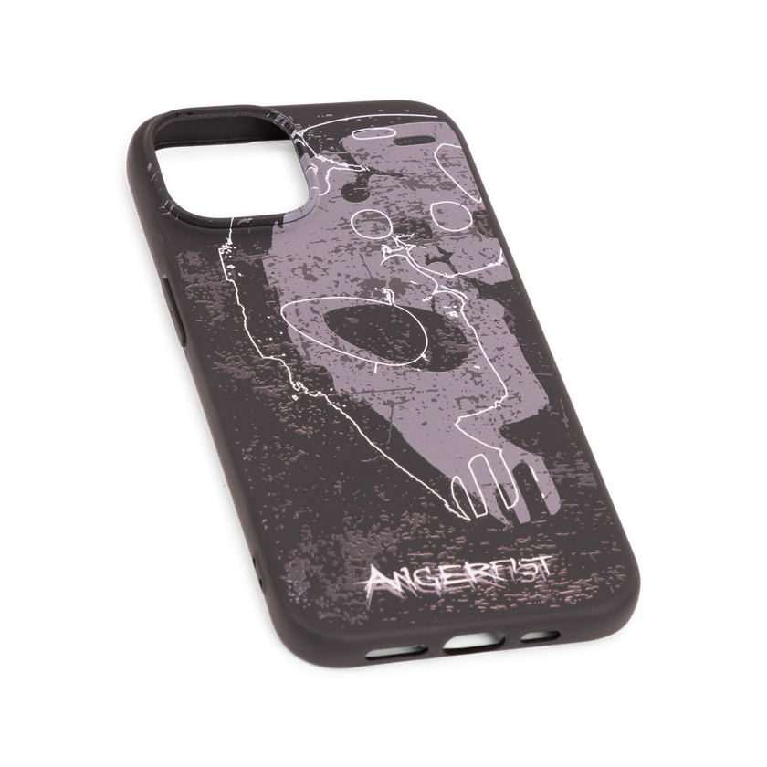 A black protective phone case featuring a distressed purple graphic of a face with white line art and the band name 'Angerist' printed in white at the bottom, shown on a plain white background.